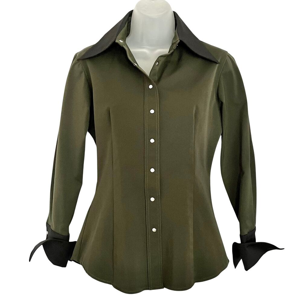 Vintage Vertigo Forest Green Black Trim Pointed Collar Flared Cuff Fitted Shirt